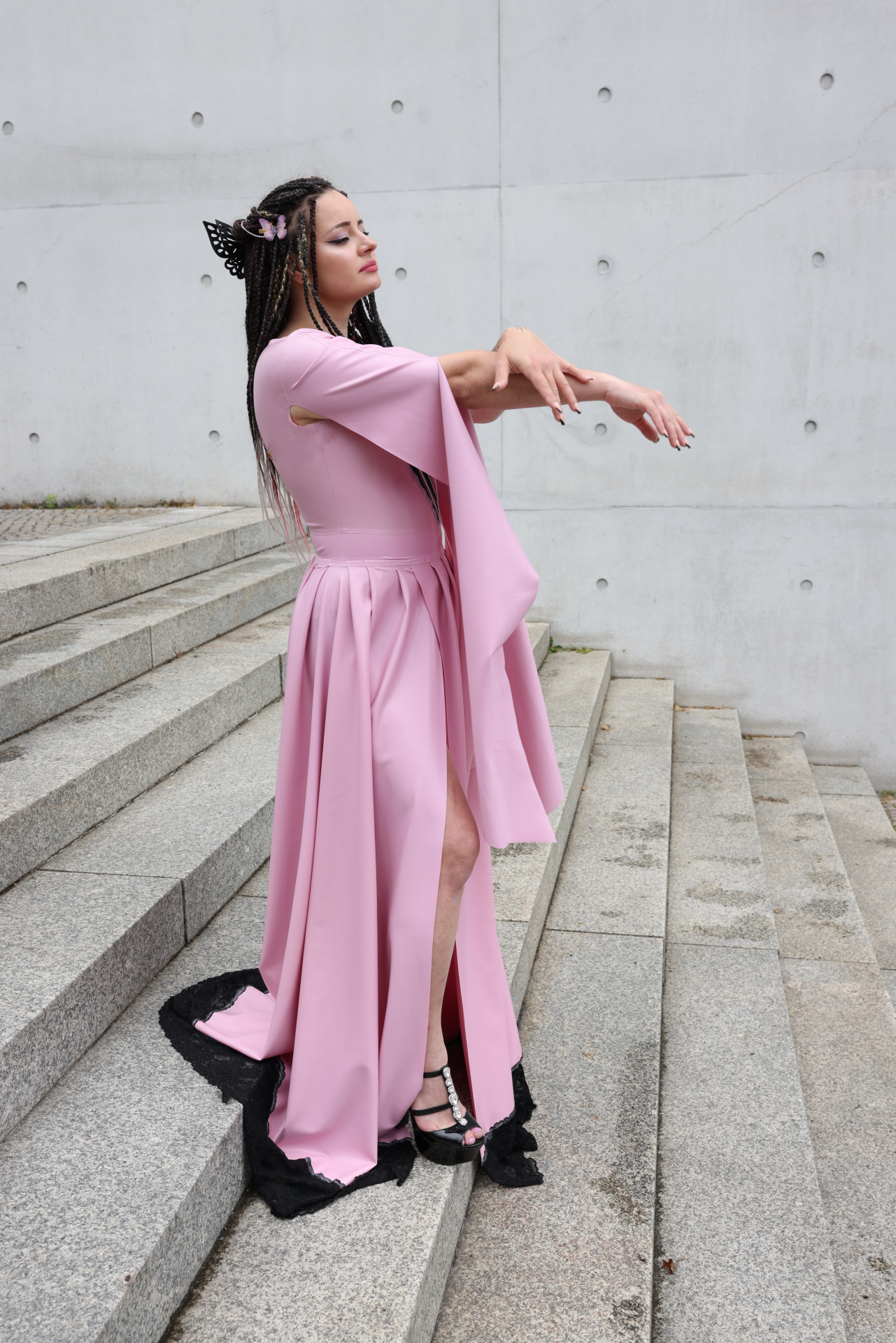 "Eleanor" Latex Gown/ Long Dress in Gothic Victorian/ Elfin Style: Lace Front, Slit Skirt & Flared Sleeves