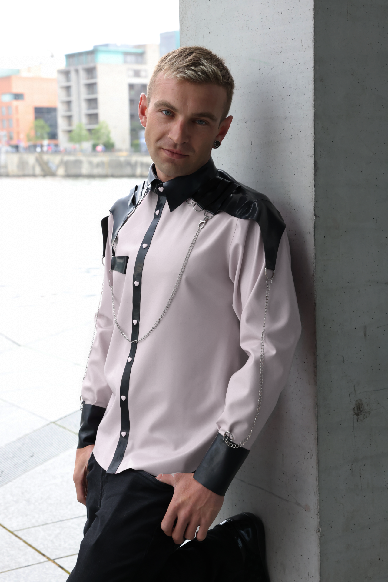 "Steampunk" Men's Latex Shirt with Shoulder Pads & Chains