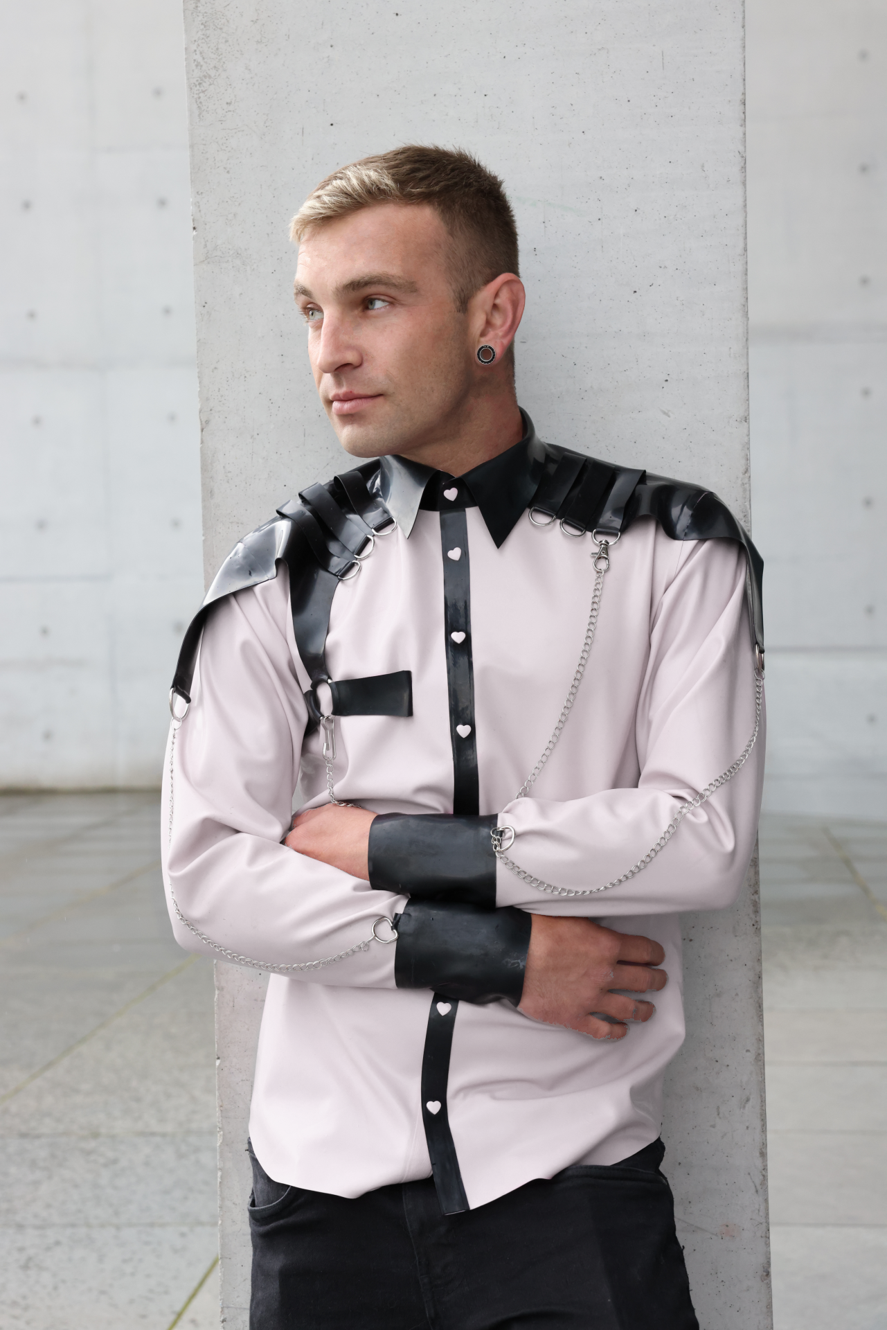 "Steampunk" Men's Latex Shirt with Shoulder Pads & Chains