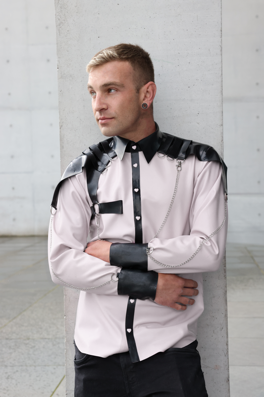 "Steampunk" Men's Latex Shirt with Shoulder Pads & Chains