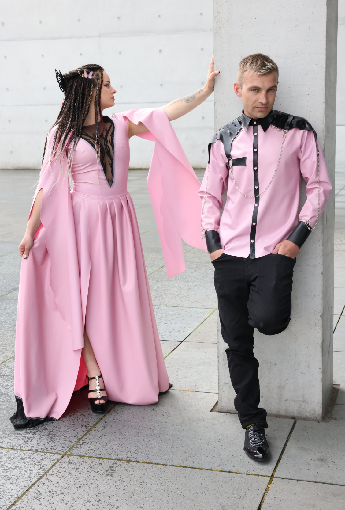 "Eleanor" Latex Gown/ Long Dress in Gothic Victorian/ Elfin Style: Lace Front, Slit Skirt & Flared Sleeves