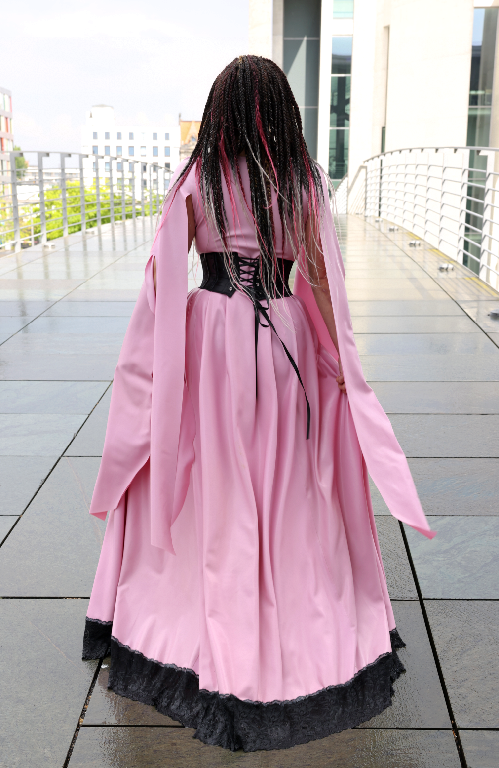"Eleanor" Latex Gown/ Long Dress in Gothic Victorian/ Elfin Style: Lace Front, Slit Skirt & Flared Sleeves