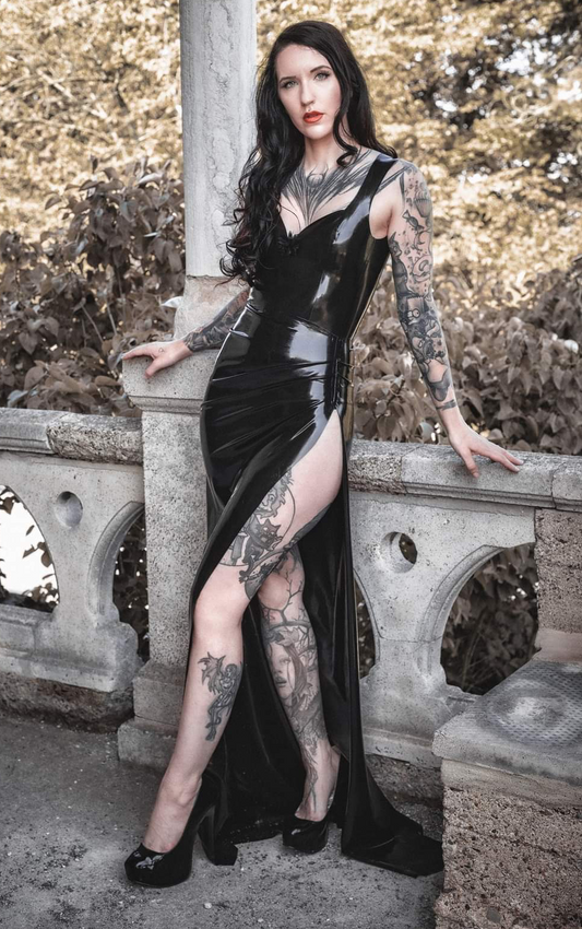 "Morticia" Long evening gown with slit and open back