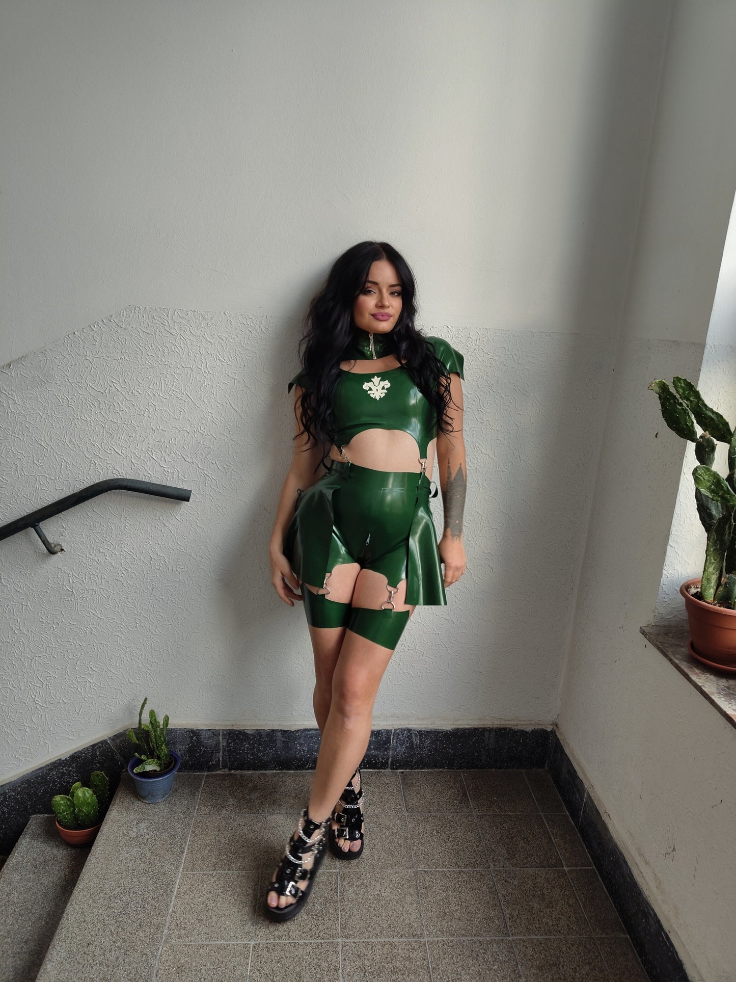 "Emerald Command" Latex Crop Top with suspender clips