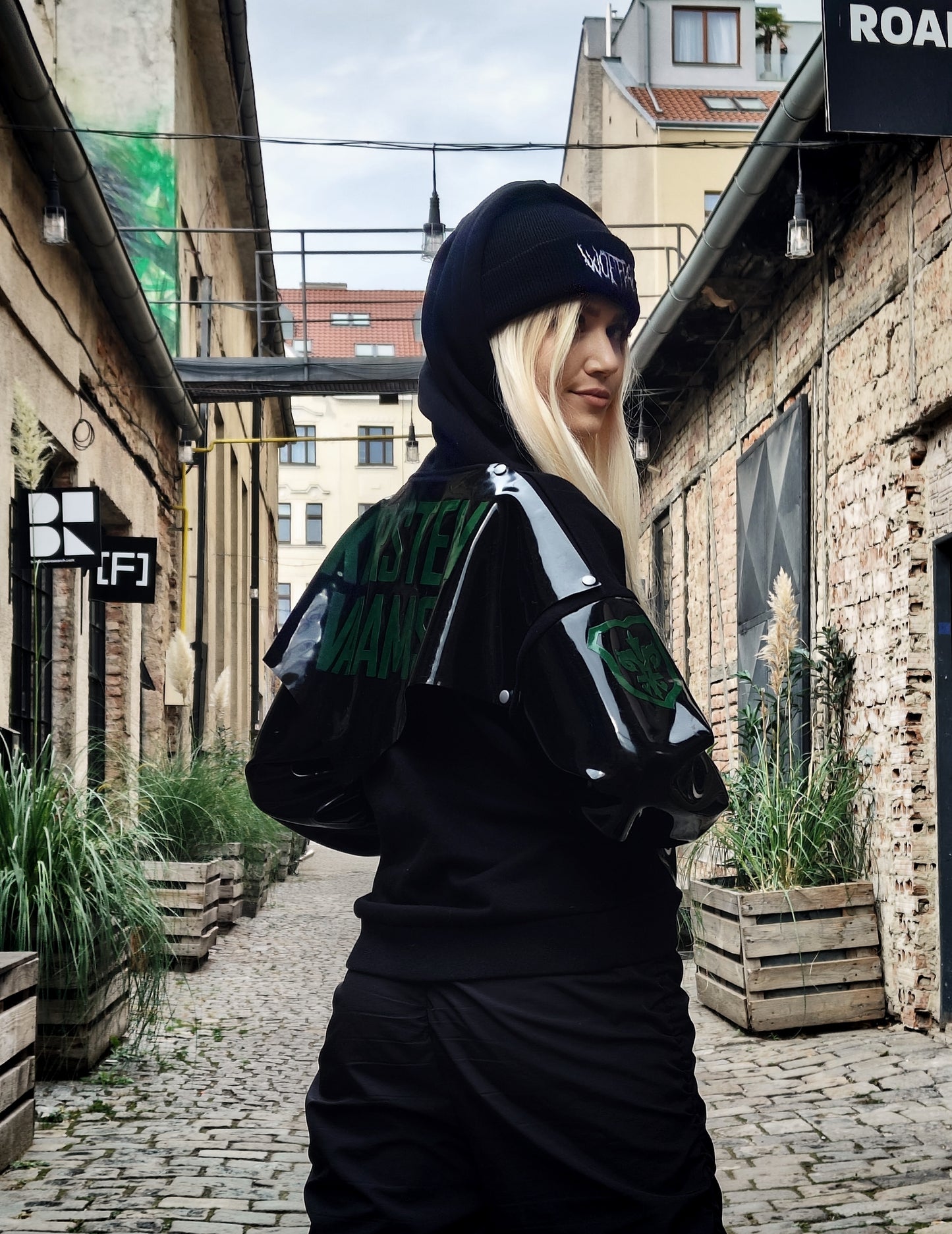 "Urban Shield" Cropped hoodie with latex sleeves