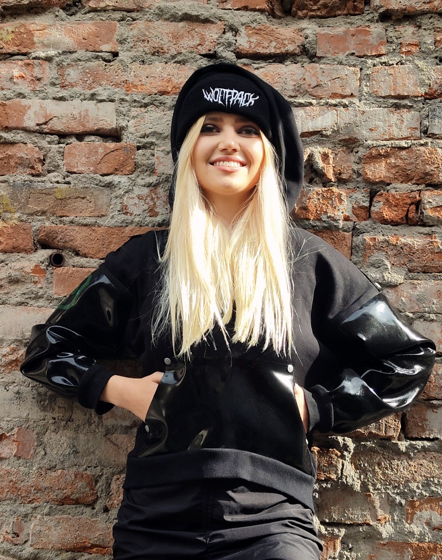 "Urban Shield" Cropped hoodie with latex sleeves