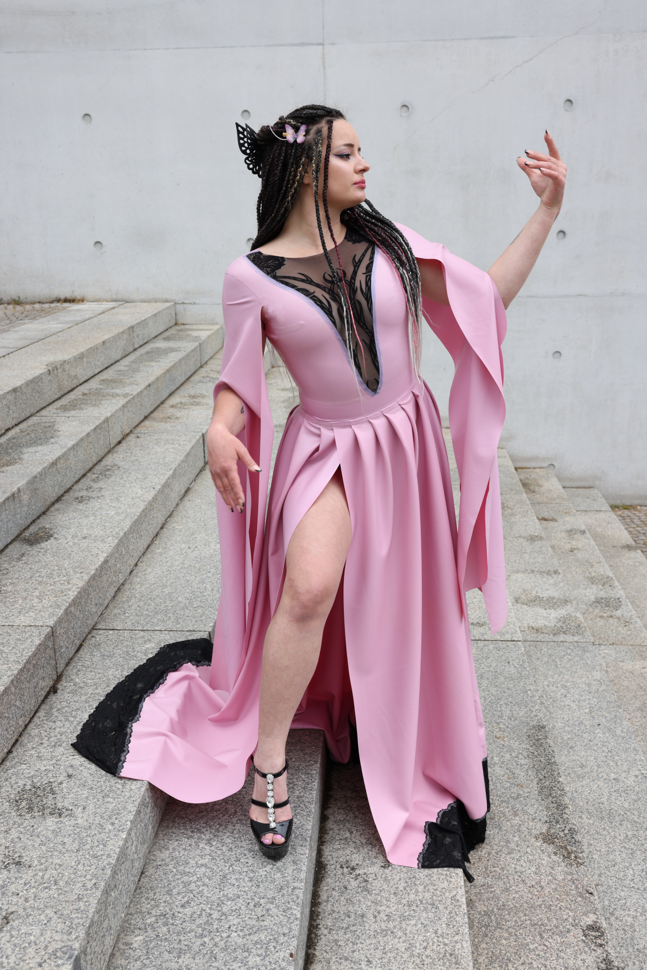 "Eleanor" Latex Gown/ Long Dress in Gothic Victorian/ Elfin Style: Lace Front, Slit Skirt & Flared Sleeves