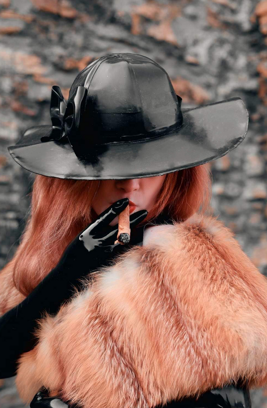 "Lady Evelyn" Wide Round Latex Hat with Removable Ribbon