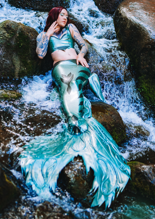 Mermaid Siren Cosplay Costume: Fishtail & Top with Pearls (Scale Structured Latex)