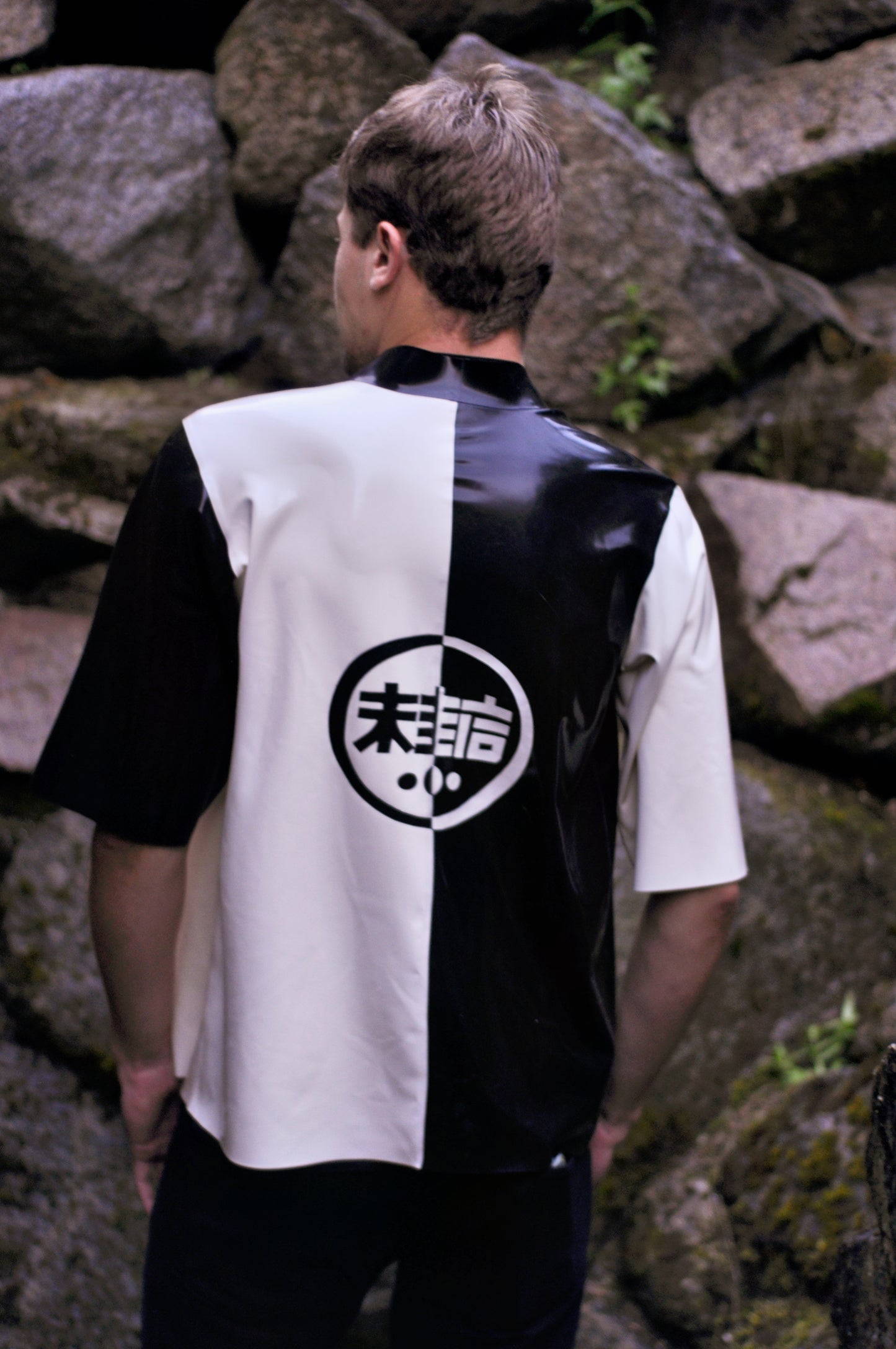 ''Latex is the future'' Men's Cardigan: Half-black, Half-white with Midi Sleeves