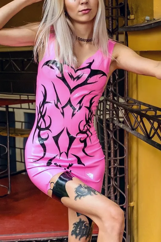"Quinn" Latex Mini Dress with Tribal Ornaments & Leg Garters