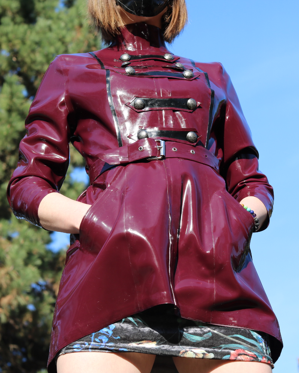 WAC Latex military style rain coat with inner fabric lining pockets and metal buttons belt A shape