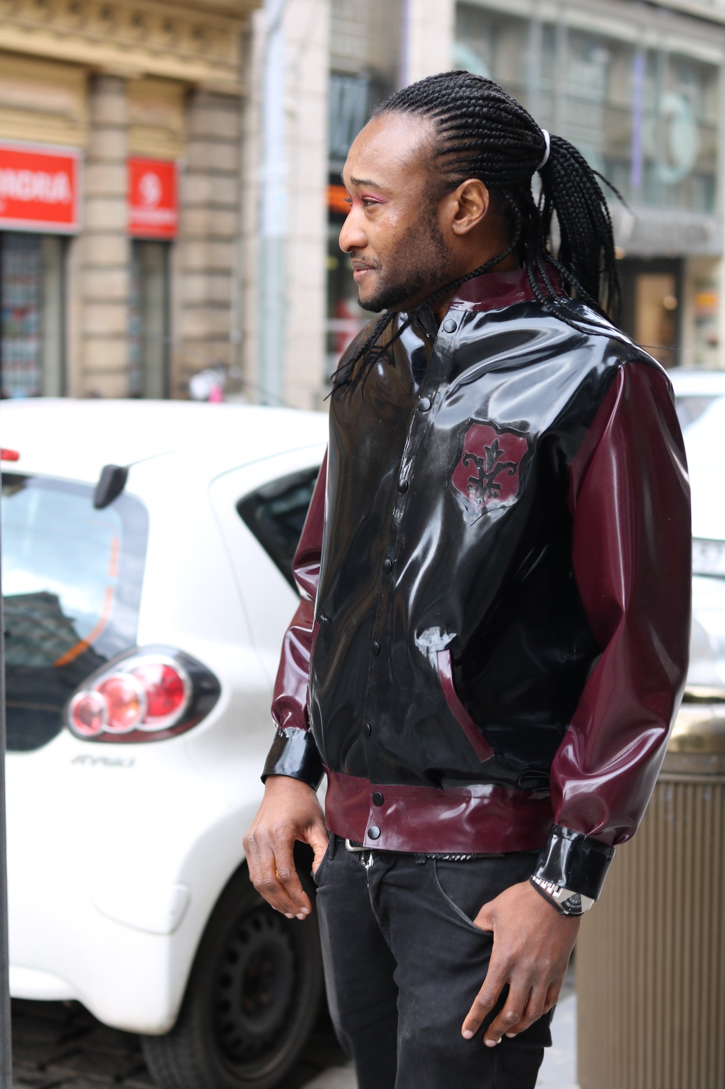 Men's Latex Bomber Jacket with Inner Fabric Lining