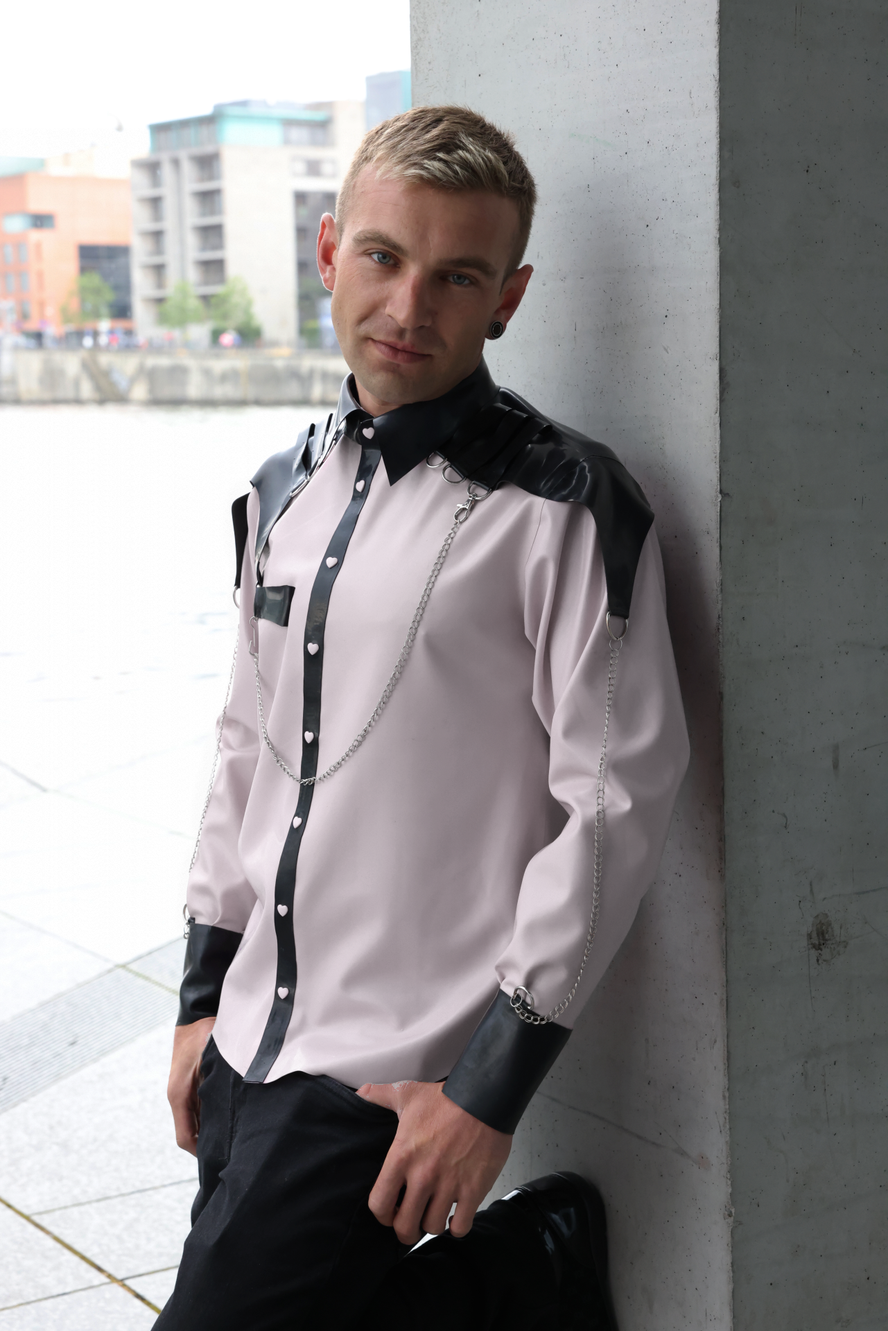 "Steampunk" Men's latex shirt with shoulder pads and chains
