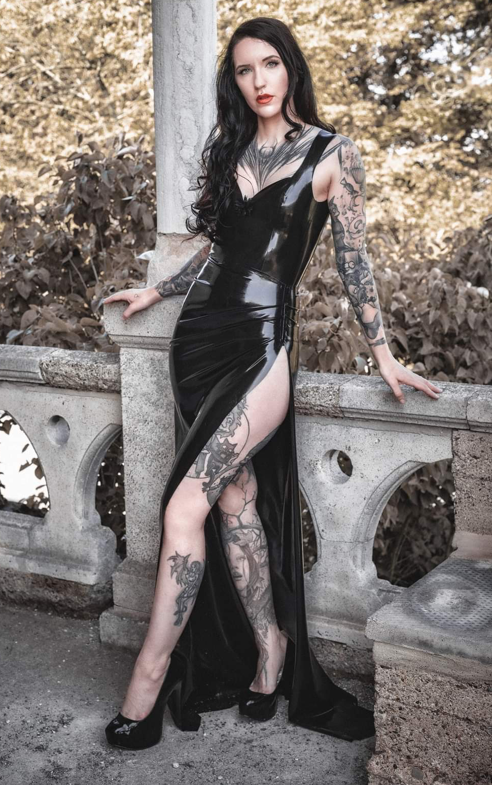 "Morticia" Long evening gown with slit and open back