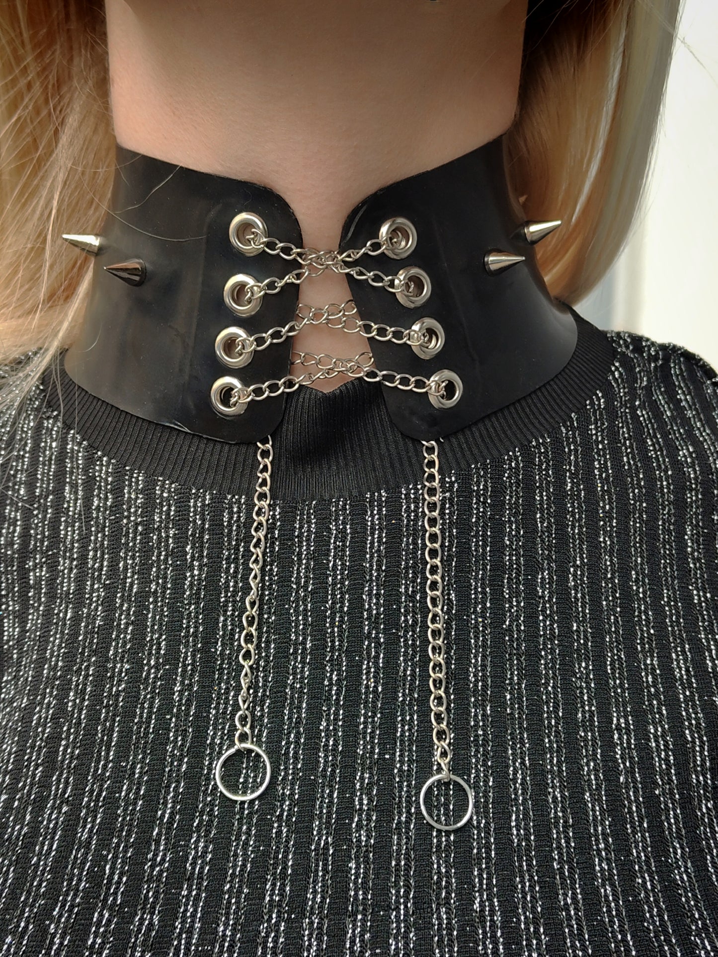Latex Unisex Choker with eyelets spikes and chains