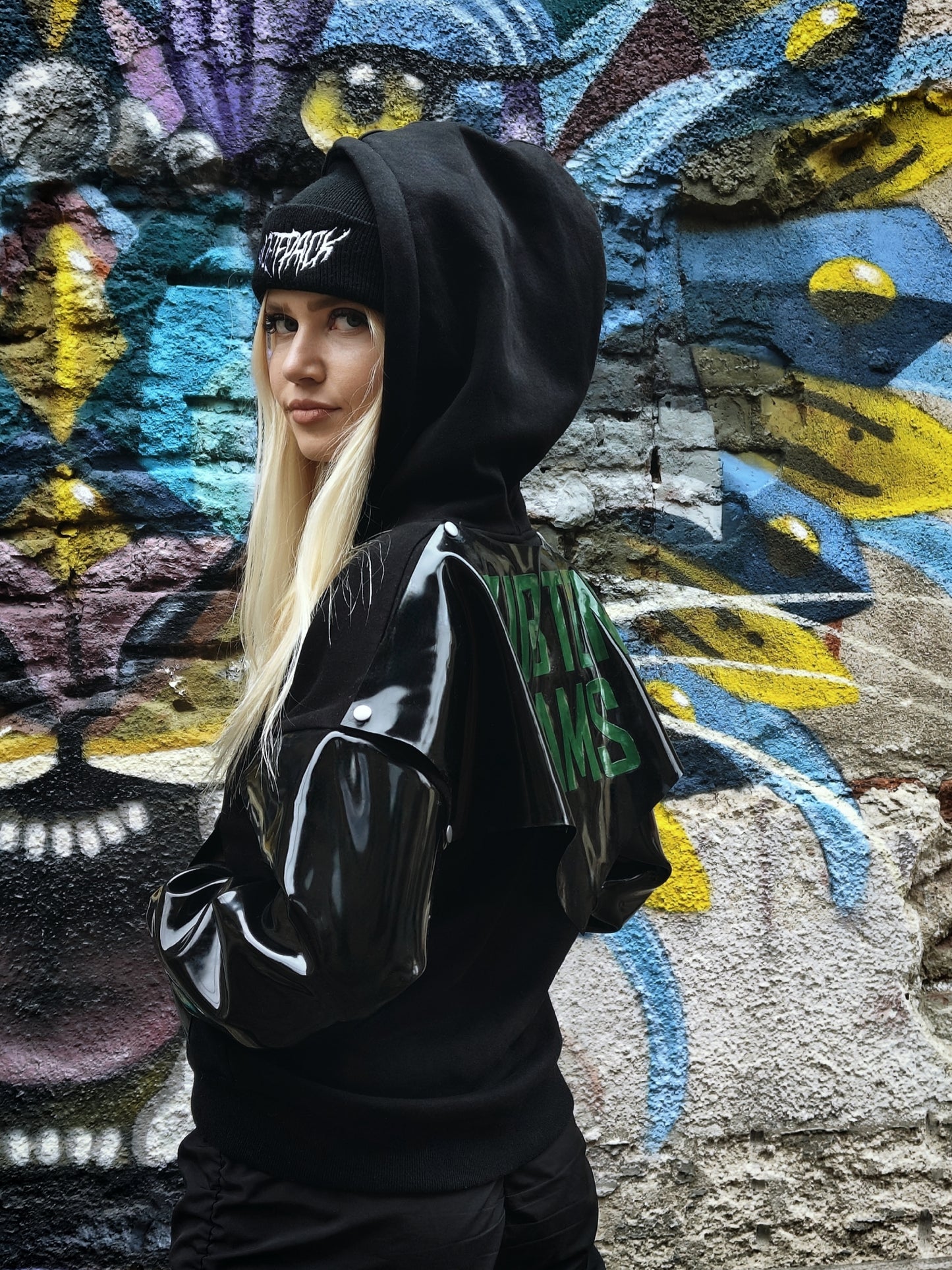 "Urban Shield" Cropped hoodie with latex sleeves