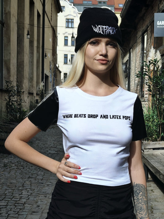 "Where beats drop and latex pops" textile T-shirt with latex short sleeves