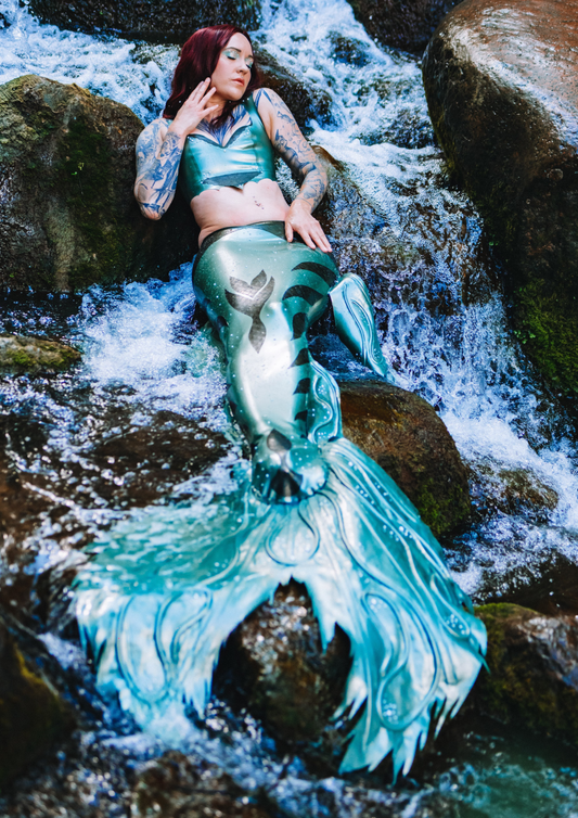 Siren Mermaid Cosplay Costume Fish Tail and Top with pearls and scale structured latex