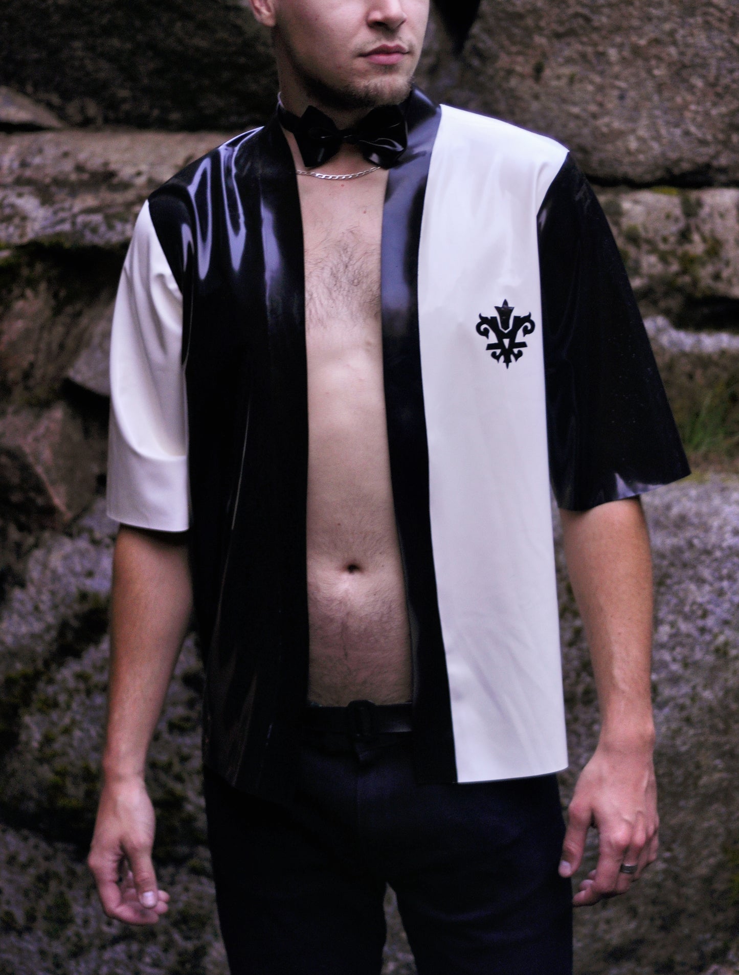 ''Latex is the future'' Men's Cardigan: Half-black, Half-white with Midi Sleeves