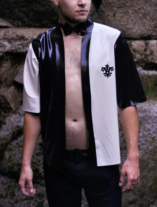 ''Latex is the future'' Men's Cardigan: Half-black, Half-white with Midi Sleeves
