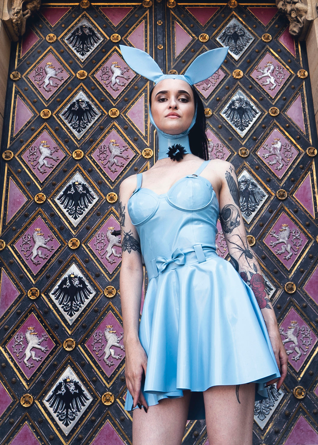 latex party dress Natural Latex Midi Dress: Designer Halter Pencil Dress With Sleeves