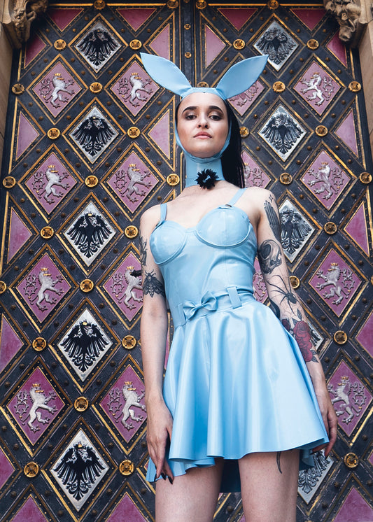 "Alice" Latex mini dress with circle skirt breast cups shoulder straps and ribbon belt